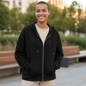 DKNY Black Textured Ribbed Full Zip Hoodie Sweatshirt Womens